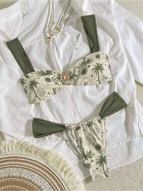 Tropical Palm Print Bikini Set in Olive and Cream